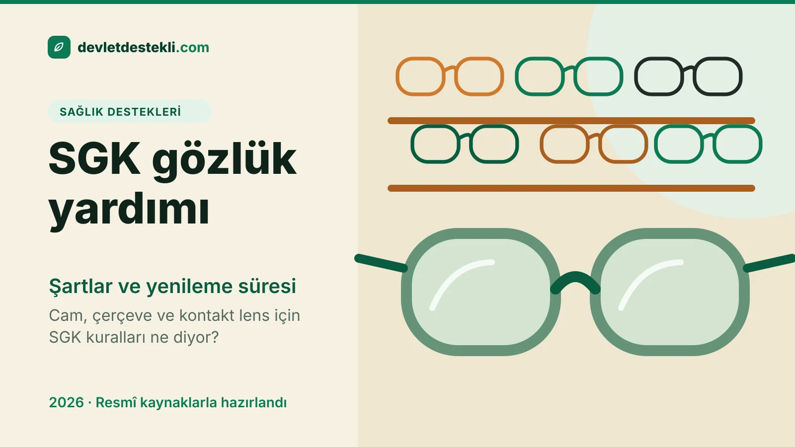 Gözlük çerçeveleri ve büyük bir gözlük çizimi: SGK gözlük yardımı şartları ve yenileme süresi